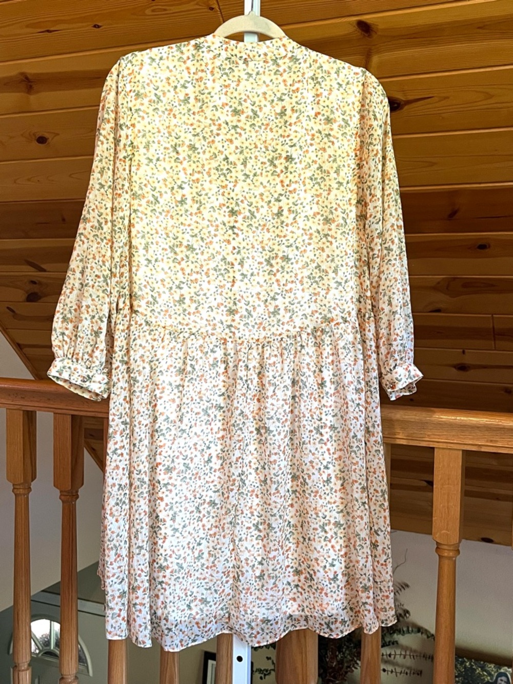 Floral Babydoll Long Sleeve Flowy Chiffon Tunic Dress in Peach and Green Size S - Picture 5 of 7